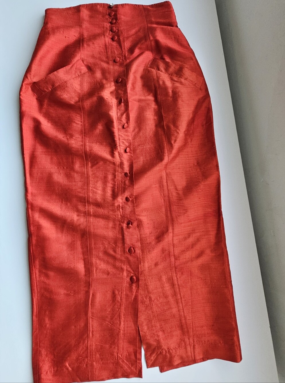Chacok France Carmen Silk Orange Red High Waisted Button Down Midi Skirt - Picture 4 of 9